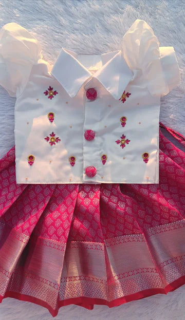 White & Pink Shirt Model Pattu Pavada