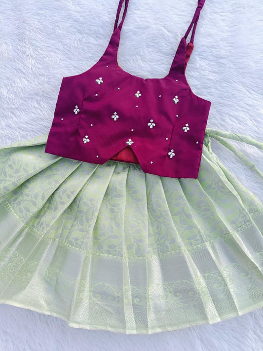 Wine Top & Pista Green Pattu Pavada
