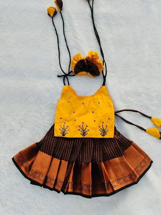 Yellow & Black Pattu Pavada